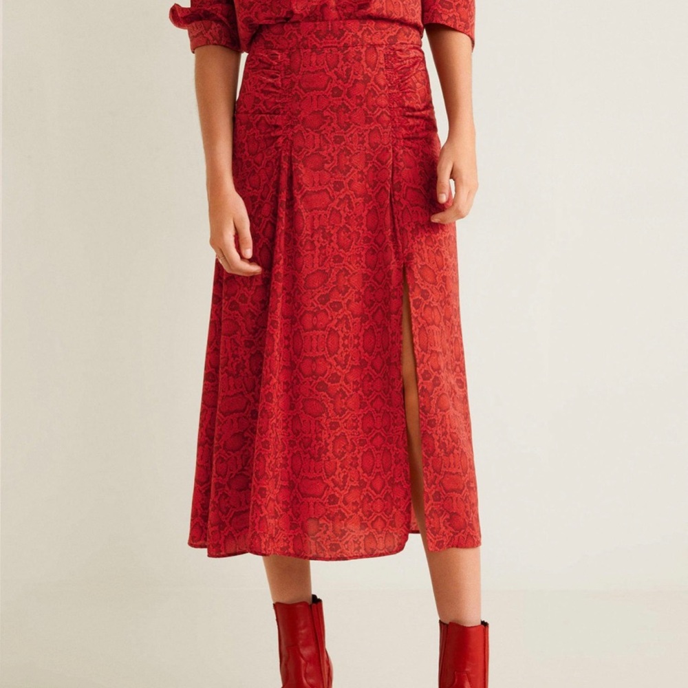 Mango red snakeskin midi skirt